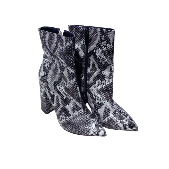 PrettyLittleThing Shoes - PrettyLittleThing Grey Snakeskin Print Block Heel Ankle Boots Pointed Toe Zip Up